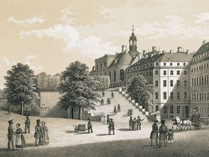 Historical view of Bruehl’s flight of stairs to the garden Historical view of Bruehl’s flight of stairs to the garden
